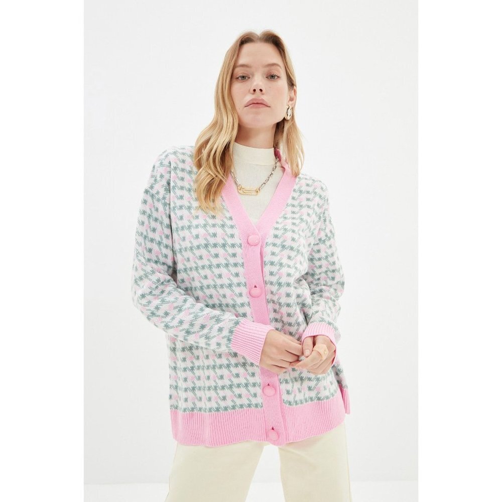 NWT Trendyol Pink Oversize Jacquard Knitwear Cardigan Size M/L